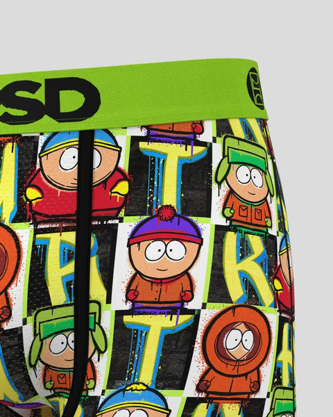 South Park characters in colorful grid pattern on lime green waistband with black drawstring.