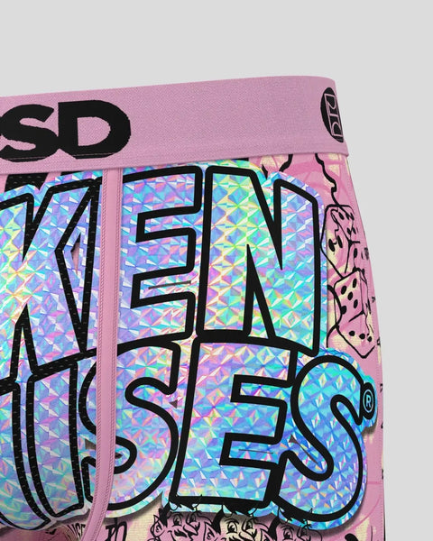 Pink waistband with black text and holographic geometric patterned fabric with black outlined lettering and graphic designs.