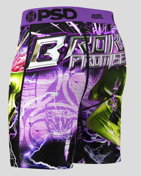 PSD athletic shorts with purple waistband, featuring 