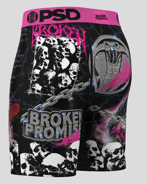PSD boxer briefs with pink waistband, black and white skull graphics, chain designs, and 