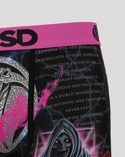 Pink and black graphic novel cover featuring skull imagery, text about rebellion and broken promises, with ornate decorative 