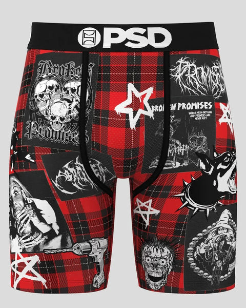 PSD boxer briefs with red and black plaid pattern, skull graphics, stars, and band artwork throughout.