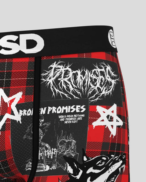 Men's boxer briefs with red and black buffalo plaid pattern, black waistband with 