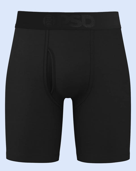 Black modal boxer shorts with elastic waistband and center seam detail.