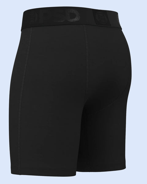 Black modal boxer briefs with elastic waistband and side seam detail against light blue background.