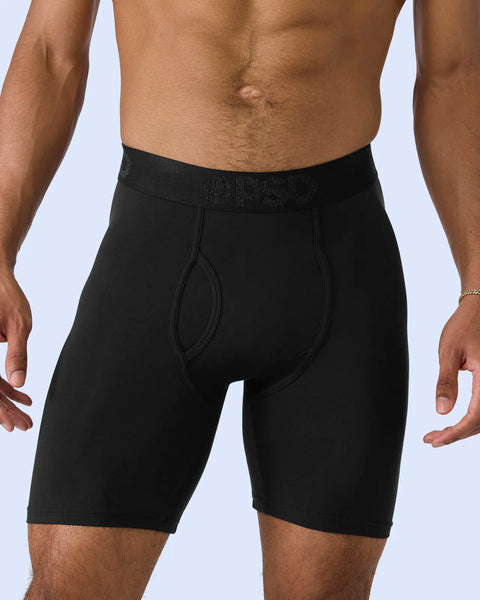 Black boxer briefs with textured waistband and fly opening, shown on male model.