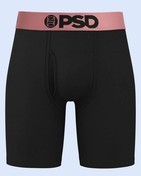 Black boxer briefs with rose gold PSD waistband and logo.