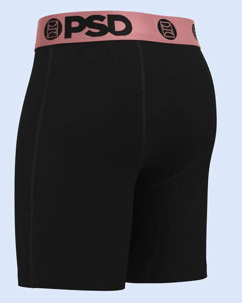 Black boxer briefs with rose gold PSD waistband and black logo print.