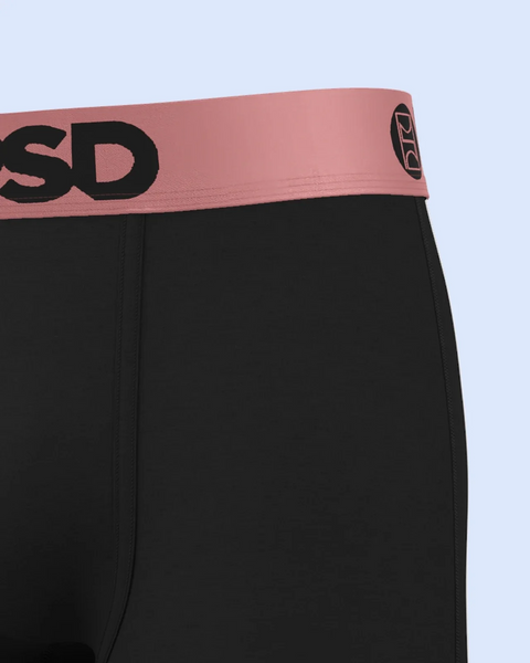 Black boxer briefs with rose gold waistband featuring black text and logo.