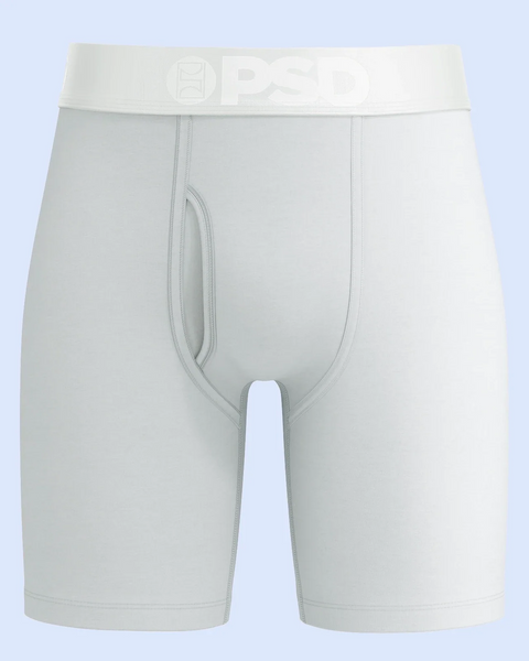 Gray modal boxer briefs with white waistband and center fly seam detail.