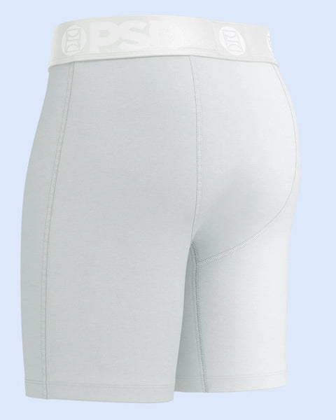 Gray modal boxer shorts with white waistband and contrast stitching on sides, shown from back view.