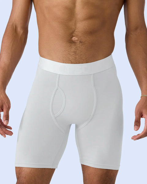 White modal boxer briefs with elastic waistband and contoured seaming on shirtless male model.