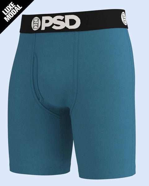 Teal modal boxer briefs with black OPSD waistband and center fly seam.