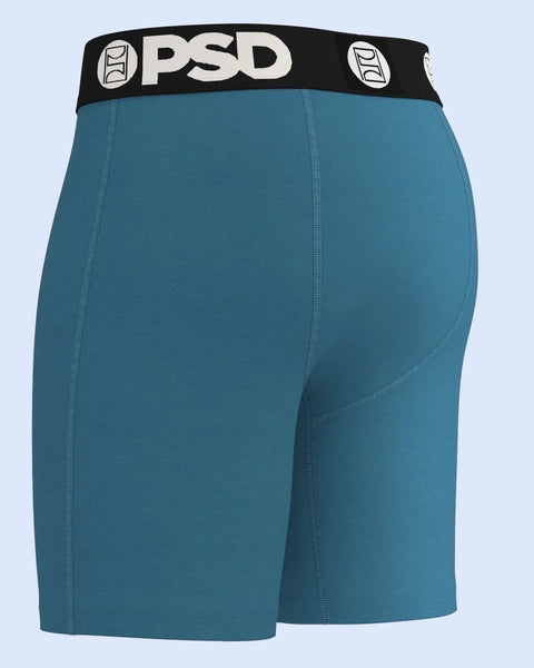 Teal modal boxer briefs with black PSD waistband and side seam stitching.