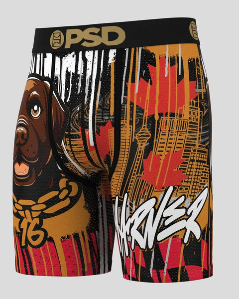 PSD boxer briefs featuring brown mythical figure with gold details, red and black cityscape graphics, and white text.