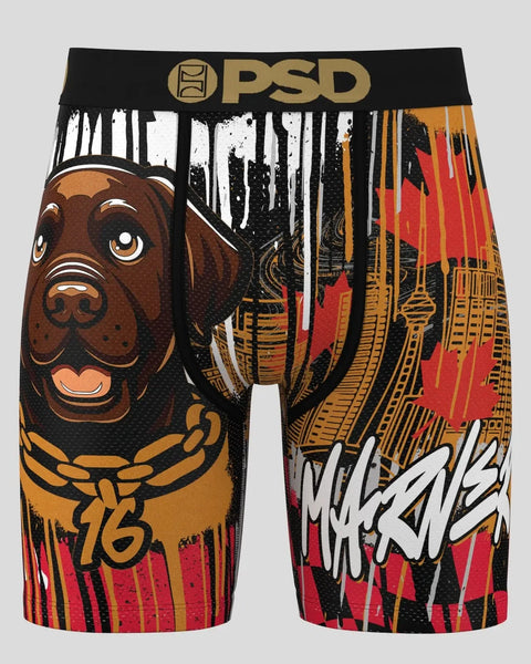 PSD boxer briefs featuring brown dog with chain, white dripping paint, red and gold abstract patterns, and graffiti-style tex