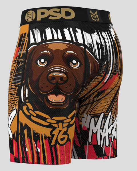 PSD boxer shorts with brown dog wearing gold chain and white feathered headdress on black, red, and gold background.