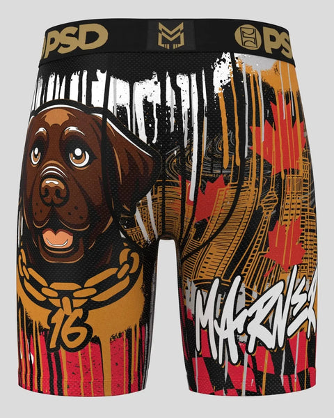Black PSD boxer brief with brown dog head wearing gold chain, red and gold drip paint design, and white graffiti text.