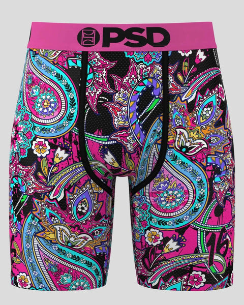 PSD boxer briefs with pink waistband and multicolored paisley floral pattern on black background.