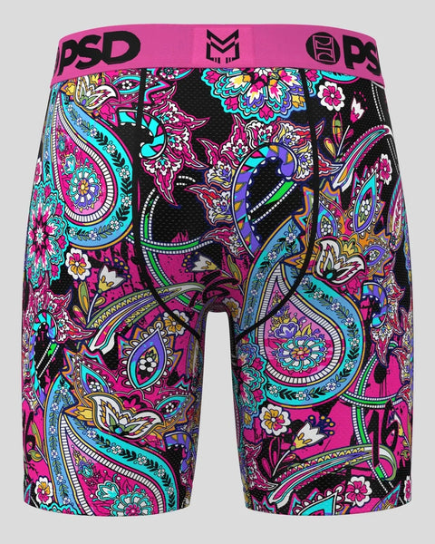 Bright pink PSD boxer briefs with colorful paisley and floral patterns in cyan, magenta, purple, and yellow throughout.