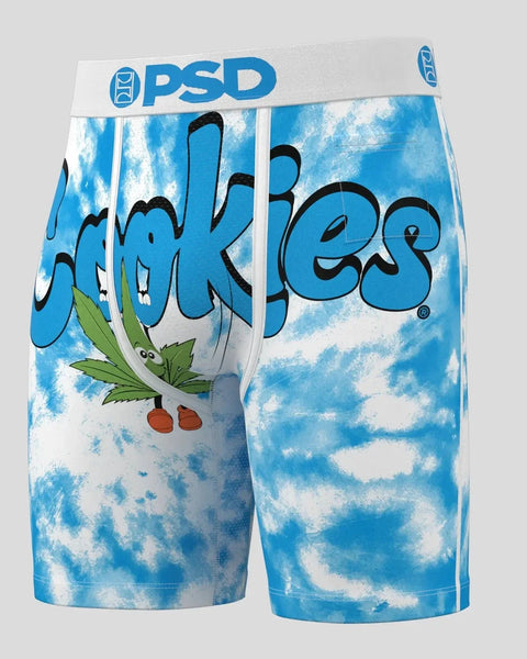 PSD brand underwear with blue and white tie-dye pattern and graphic cookie design with leaves.