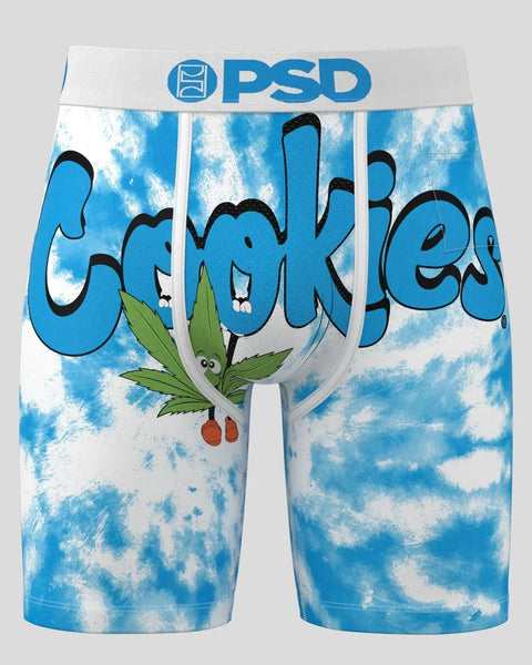 PSD brand underwear shorts with blue tie-dye pattern, "Cookies" text, and cannabis leaf graphic.