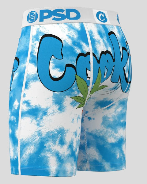 PSD brand shorts with blue tie-dye pattern, 