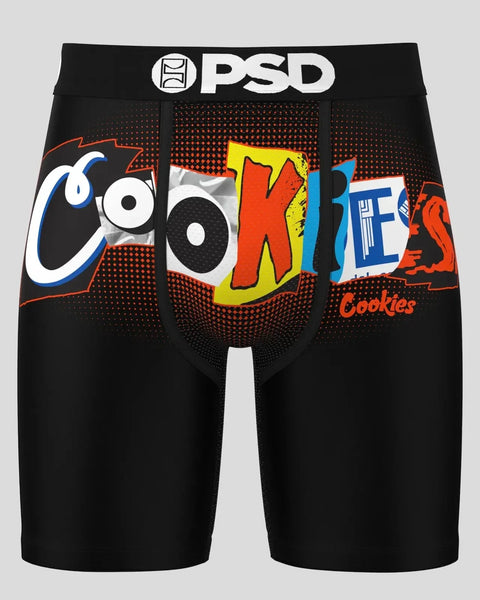 Black PSD boxer briefs with colorful "Cookies" graphic print and dotted mesh panel design.