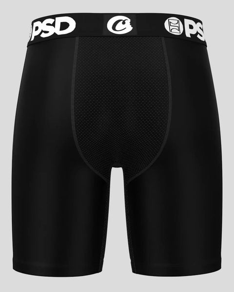 Black athletic shorts with PSD branded waistband and textured mesh front panel.