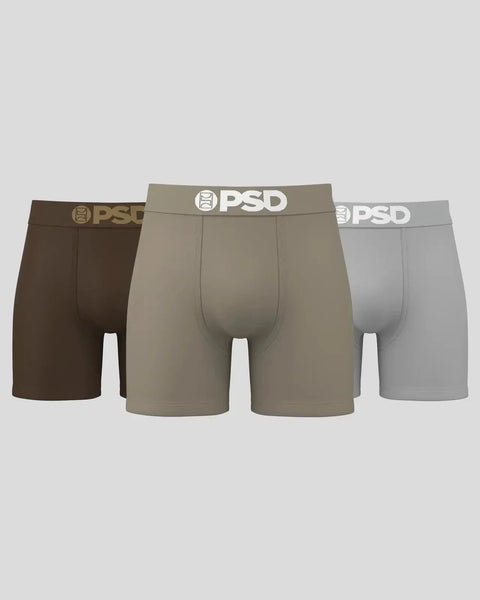 Three PSD boxer briefs in brown, tan, and gray with branded waistbands.