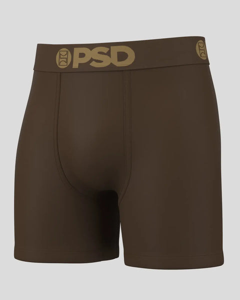 Brown PSD boxer briefs with gold waistband logo and center seam detail.