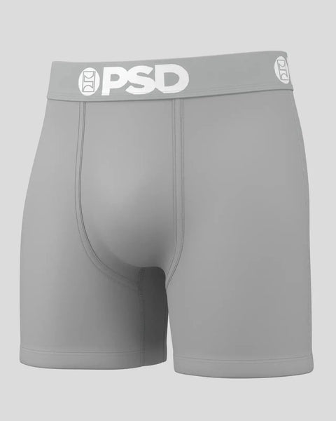 Gray boxer briefs with OPSD waistband and center fly seam.