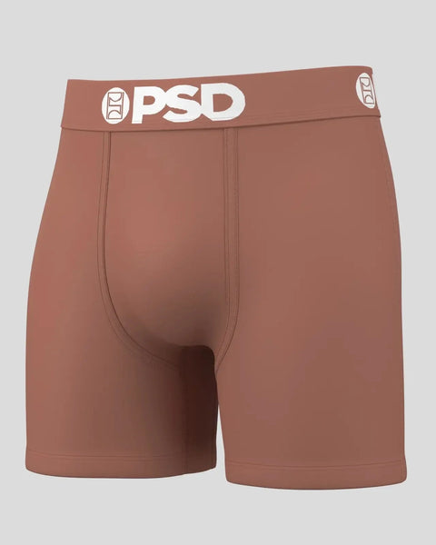 Terracotta-colored boxer brief with white PSD waistband logo and center fly seam.
