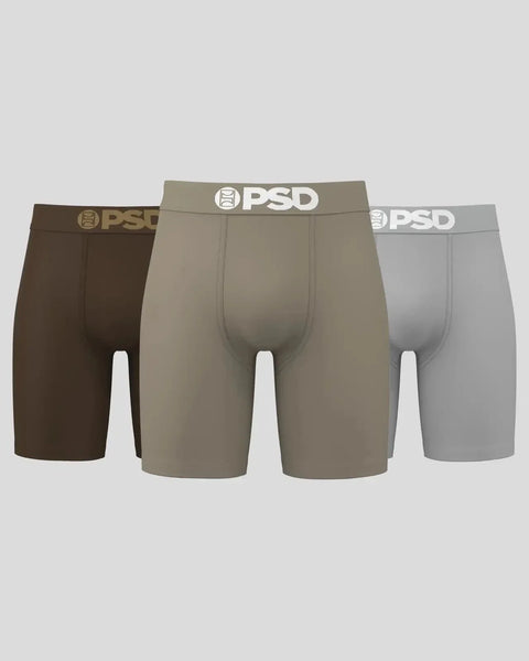 Three PSD brand boxer briefs in brown, tan, and gray with white waistbands.