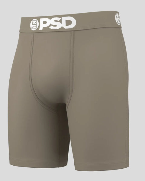 Tan PSD boxer briefs with white waistband logo and center fly seam.
