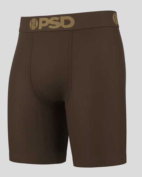 Brown PSD brand boxer briefs with tan waistband logo.