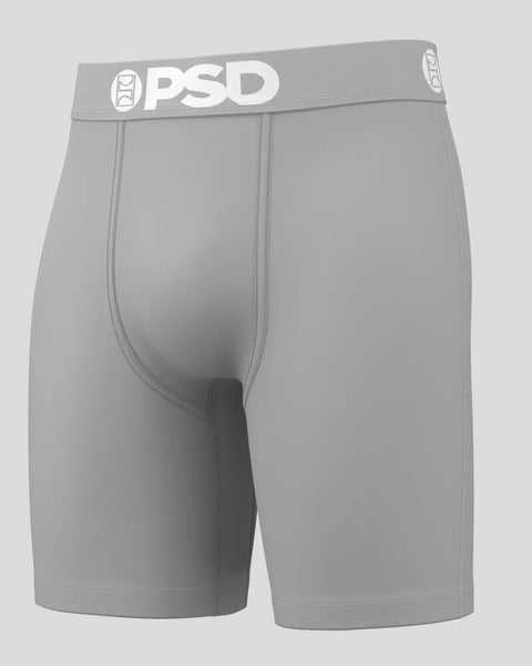 Gray boxer briefs with OPD waistband and center fly seam detail.