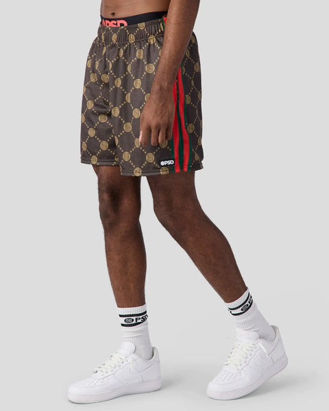 Brown shorts with gold geometric pattern, red side stripe, and black waistband with branding.