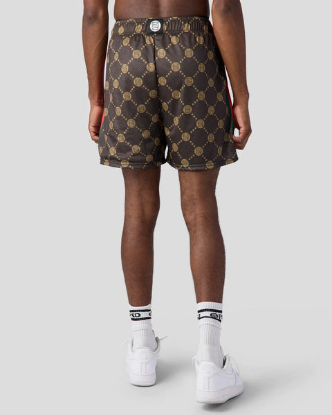 Brown active short with gold circular emblem pattern, elasticated waist, and white drawstring.