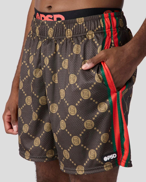 Brown active short with gold geometric pattern, red and green side stripe, and black waistband with red branding.