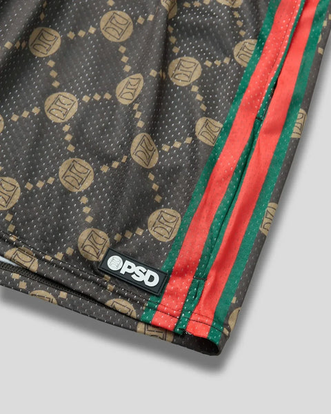 Brown active short with repeated emblem print, red and green striped side panels, and OPSD brand label.