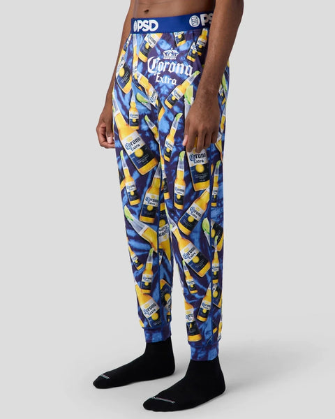PSD lounge pants with Corona Extra bottle print in blue and yellow.