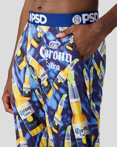 Men's lounge pants with Corona Extra bottle and lime print, blue PSD waistband.