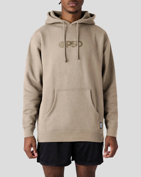 Beige hoodie with "PSD" logo on chest, drawstring hood, and front kangaroo pocket.