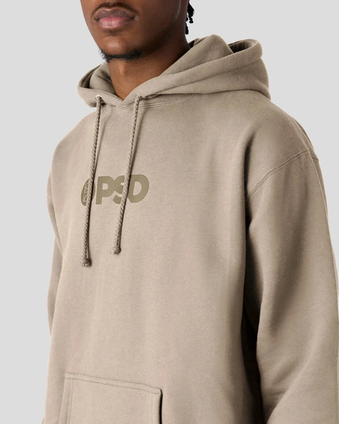 Sandstone pullover hoodie with PSD logo embroidered on chest and drawstring hood.