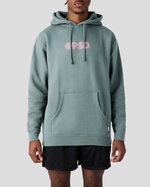 Dusty sage pullover hoodie with pink PSD logo on chest, drawstring hood, and kangaroo pocket.