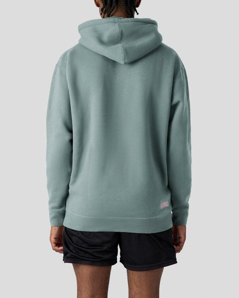 Dusty sage pullover hoodie with drawstring hood, shown from back on model wearing black shorts.