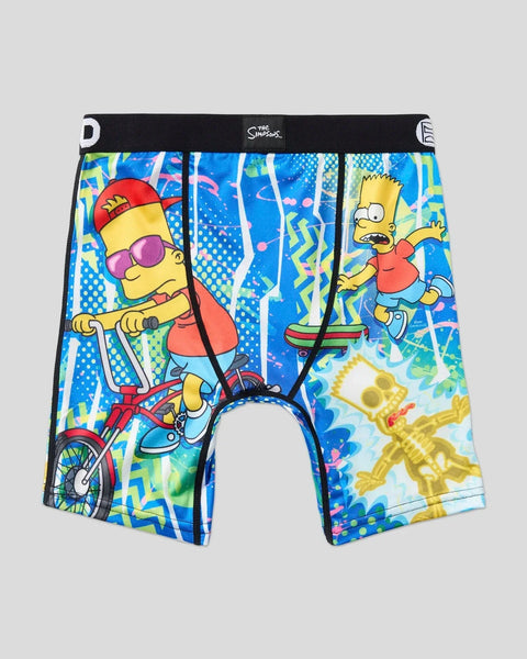 Boxer briefs with Simpsons characters on bright blue background, black waistband with logo.