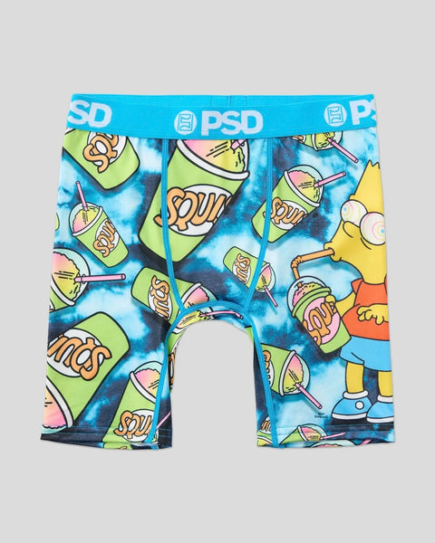 Bart Simpson character boxer briefs with colorful Squishee cup print and blue PSD waistband.