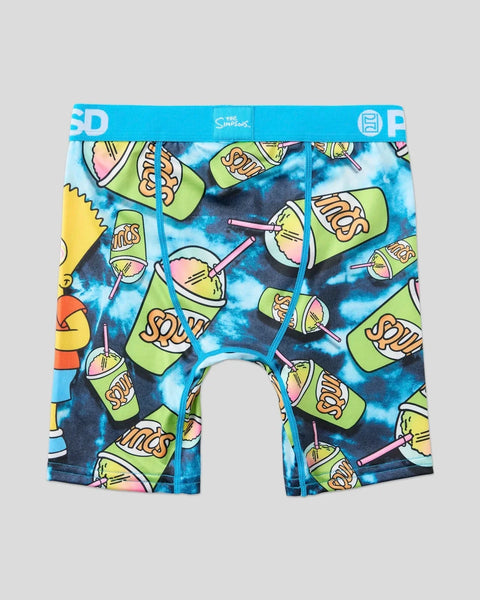 Boys' boxer briefs with blue tie-dye background and repeating yellow Squishee cup pattern, blue elastic waistband.